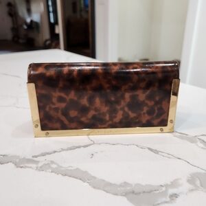 Tory Burch Brown Black Leopard Tortoise Sunglass Glasses Case Makeup Clutch